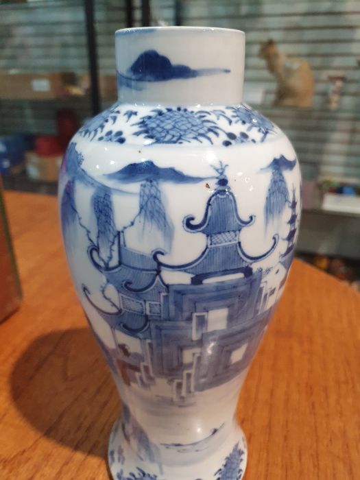 Chinese blue and white vase of baluster form decorated with pagodas and lake scene, within a - Image 7 of 22