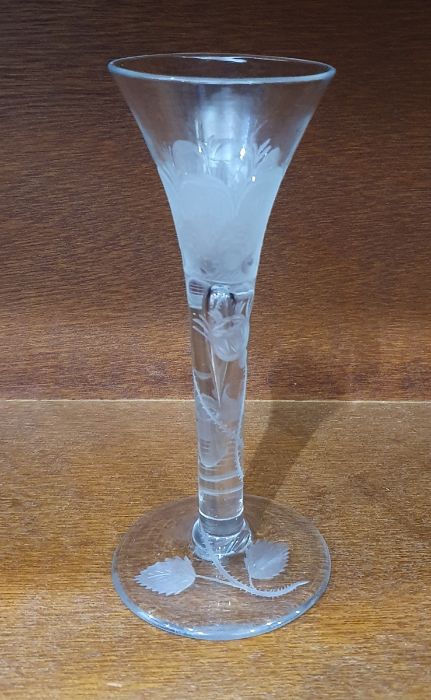 Mid 18th century wine glass with trumpet bowl, the stem and bowl engraved with Jacobite Rose - Image 3 of 20