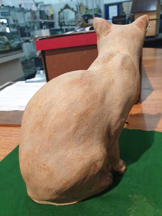 Diane Lawrenson ASWA born 1946, a pottery sculpture of a seated cat, 24cm high with provenance - Image 4 of 6