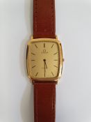 Gent's gold plated Omega de Ville wristwatch with rounded oblong dial, baton numerals, side button