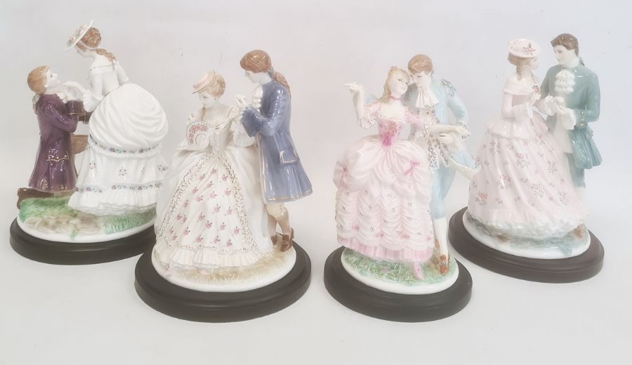 Collection of four Royal Worcester figurines to include 'Flirtation', 'The Tryst', 'The Proposal'