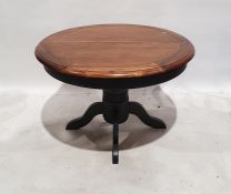 Modern circular pine-topped table, on single grey painted pedestal base