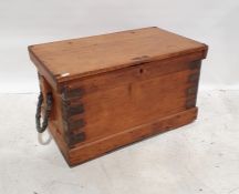 Vintage pine trunk, the rectangular top opening to reveal candle box to interior, iron-bound, on