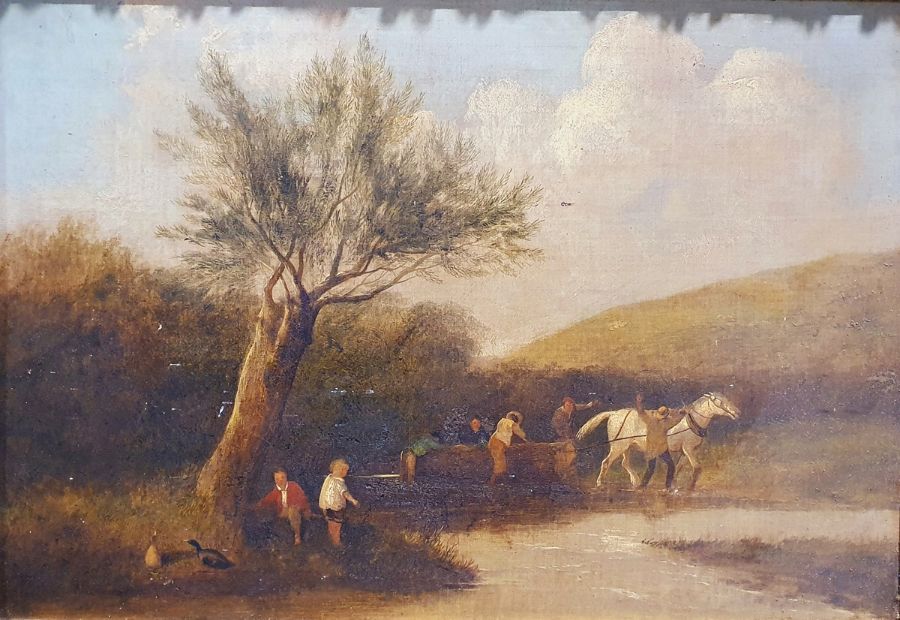 British school (19th century) Oil on canvas Figures with a horse dragging a log, 35cm x 52cm with