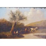 British school (19th century) Oil on canvas Figures with a horse dragging a log, 35cm x 52cm with