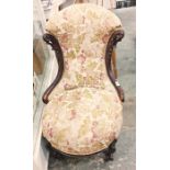 Late Victorian salon chair, foliate upholstered with mahogany shewwood frame, cabriole front legs,