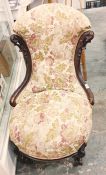 Late Victorian salon chair, foliate upholstered with mahogany shewwood frame, cabriole front legs,
