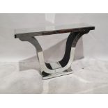 Modern glass console/hall table, the rectangular glass top on shaped supports to rectangular base,