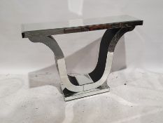 Modern glass console/hall table, the rectangular glass top on shaped supports to rectangular base,