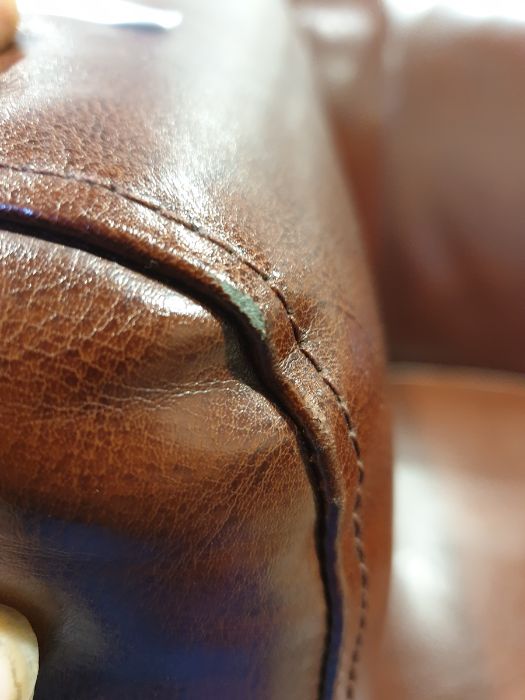 20th century brown leather tub chair on tapering supports Condition ReportSome wear to seams. Chip - Image 4 of 6