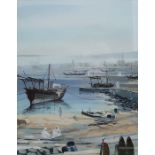 Taha Elgamal - 20th century Oil on board Persian river scene with ships in a harbour, signed lower