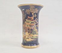 Carltonware pottery chinoiserie vase, the blue ground gilt and relief decorated with pagoda and