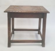 20th century joint-type stool, the carved top on chamfered supports, stretchered base, 45cm x 47cm