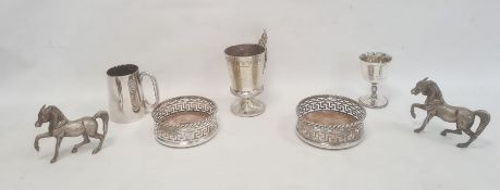 **** WITHDRAWN ***** Pair of silver plated wine coasters with pierced Greek key decoration and