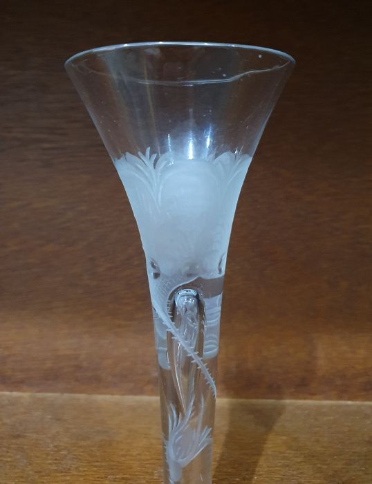 Mid 18th century wine glass with trumpet bowl, the stem and bowl engraved with Jacobite Rose - Image 5 of 20