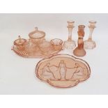 Art Deco glass dressing table set, possibly Sowerby, an Art Deco glass tray intaglio decorated
