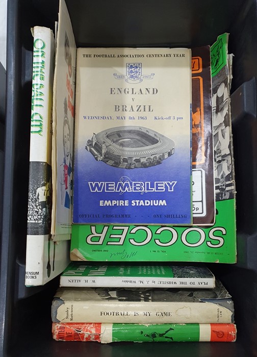 Two boxes of books and programmes relating to football including England v USSR at Wembley, December