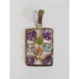 TGGC silver and semi-precious stone pendant of oblong openwork form and set eight variously cut