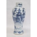 Chinese blue and white vase of baluster form decorated with pagodas and lake scene, within a
