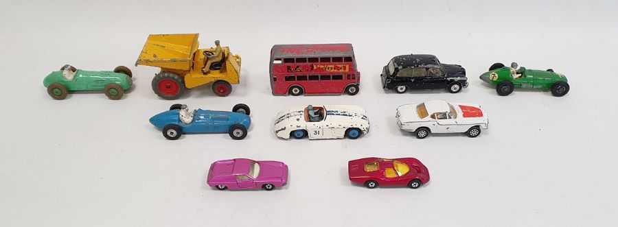 Quantity of diecast model vehicles including a Dinky Toys bus, a Crescent Toy Company Limited BRM