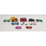 Quantity of diecast model vehicles including a Dinky Toys bus, a Crescent Toy Company Limited BRM