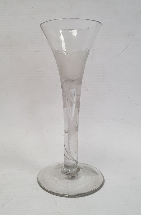 Mid 18th century wine glass with trumpet bowl, the stem and bowl engraved with Jacobite Rose