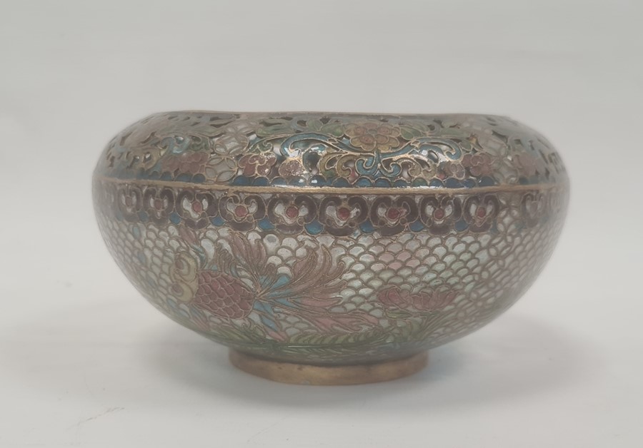 Japanese plique-a-jour enamel bowl with incurved rim, brass mounted and decorated with koi carp - Image 8 of 15