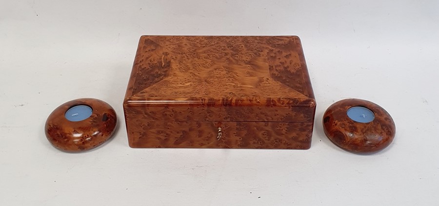 Modern burrwood box of rectangular form with fitted interior, 26cm long and a pair of matching tea