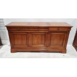 20th century modern cherry French sideboard, the rectangular top above three drawers, three cupboard