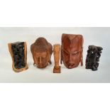 Carved wooden Buddha head, 28cm high, another carved wood mask and three other items (5)