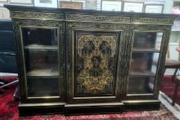19th century boulle-style inlaid hardwood breakfront credenza, the ebonised top with brass inlay