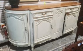 Large French style sideboard, the breakfront top with moulded edge and parquetry inlay, white
