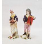 Derby porcelain figure of a woman selling pies, painted mark to base, 17cm high and another Derby