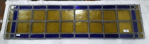 Two leaded glass panels with central green glass panels within a blue glass border, each 94cm x 25cm