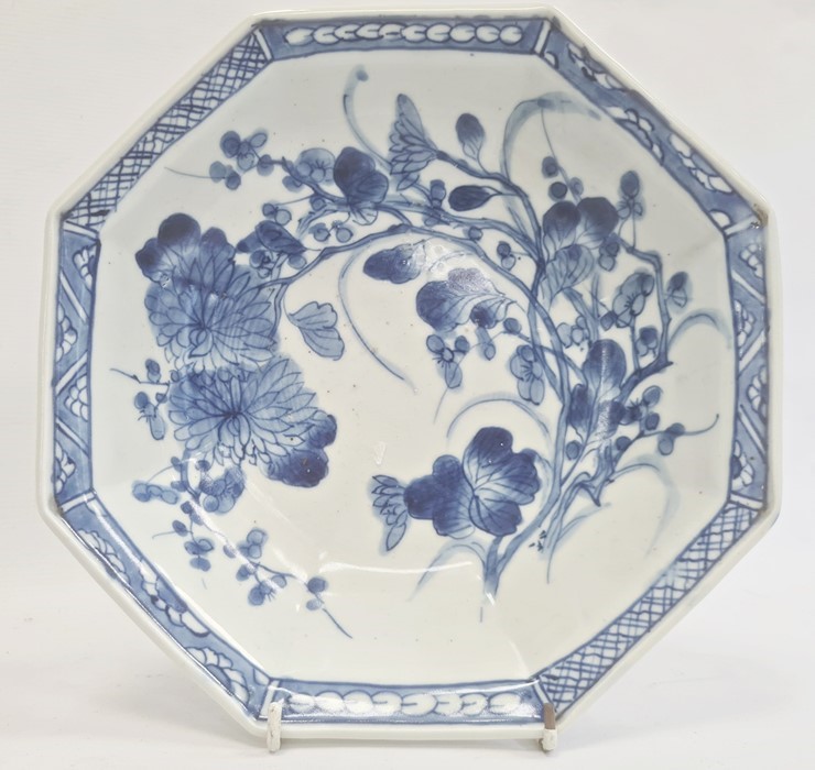 Antique Japanese blue and white octagonal bowl with chrysanthemum decoration, 24cm wide, a late 20th