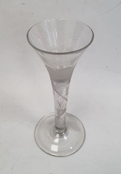 Mid 18th century wine glass with trumpet bowl, the stem and bowl engraved with Jacobite Rose - Image 2 of 20