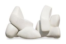 Two Helaine Blumenfeld marble abstract sculptures of interlocking forms, each 40cm high, on