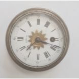 Travelling alarm clock of circular form, the enamel dial with Roman numerals, outer seconds dial and