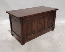 20th century oak blanket box with rectangular lift top, carved panels to the front, 91cm x 48cm