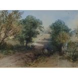 British School, 19th century Watercolour Cart on a rural track with figures, signed indistinctly