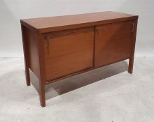 Mid century modern teak office cabinet, the rectangular top with two sliding doors, on rectangular