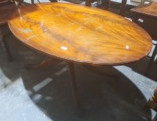 Reproduction mahogany oval top coffee table on pedestal support to four swept legs, brass paw caps