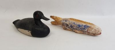 Painted wooden decoy duck with glass eyes, with paper label to base inscribed 'Little Broad Bill,