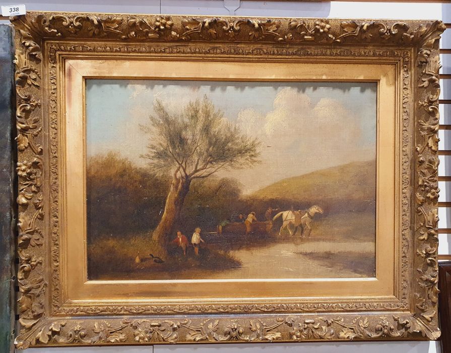 British school (19th century) Oil on canvas Figures with a horse dragging a log, 35cm x 52cm with - Image 2 of 4