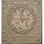 Large Eastern embroidered panel, the central roundel with raised seated figures and leopard,