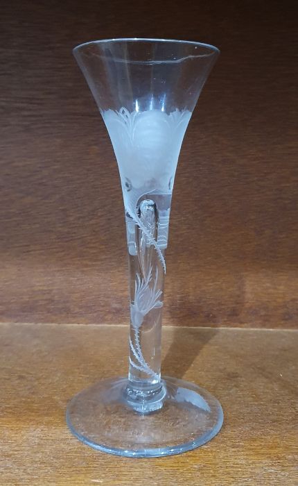 Mid 18th century wine glass with trumpet bowl, the stem and bowl engraved with Jacobite Rose - Image 4 of 20