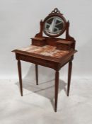 French walnut dressing table, the oval mirrored superstructure on red and white marbled top, applied