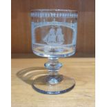 19th century Sunderland Bridge glass rummer, the bowl engraved with a titled scene of a sailing boat