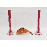 Pair of Murano clear and red cased glass stem vases with elephant foot base(28cm) together with a