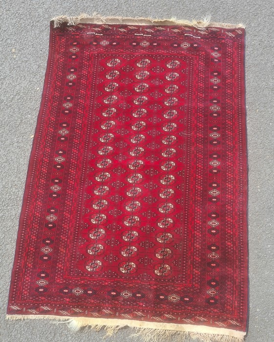 Modern Afghan rug, the central field with elephant foot guls and multiple borders, on a red